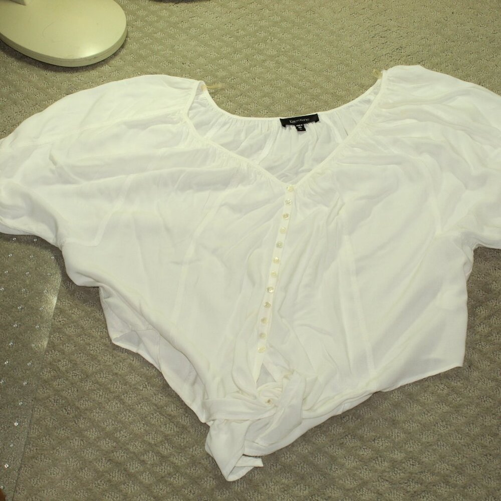 Karen Kane Size XL White Short Balloon Sleeve Tie Front Blouse